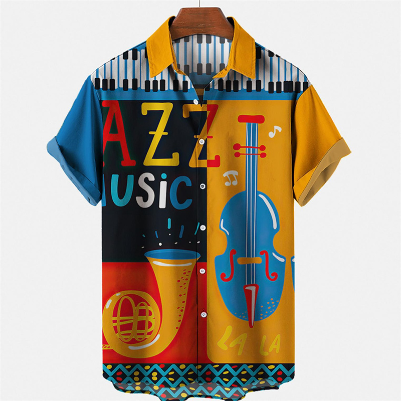 Musical Instrument Hawaiian - Kemeja motif 3d gitar Musim Panas,