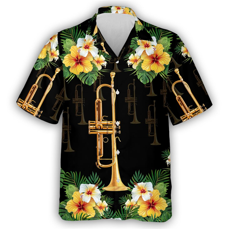 Kemeja kerah blus lengan pende - Musical Instrument Hawaiian ulasan dan harga